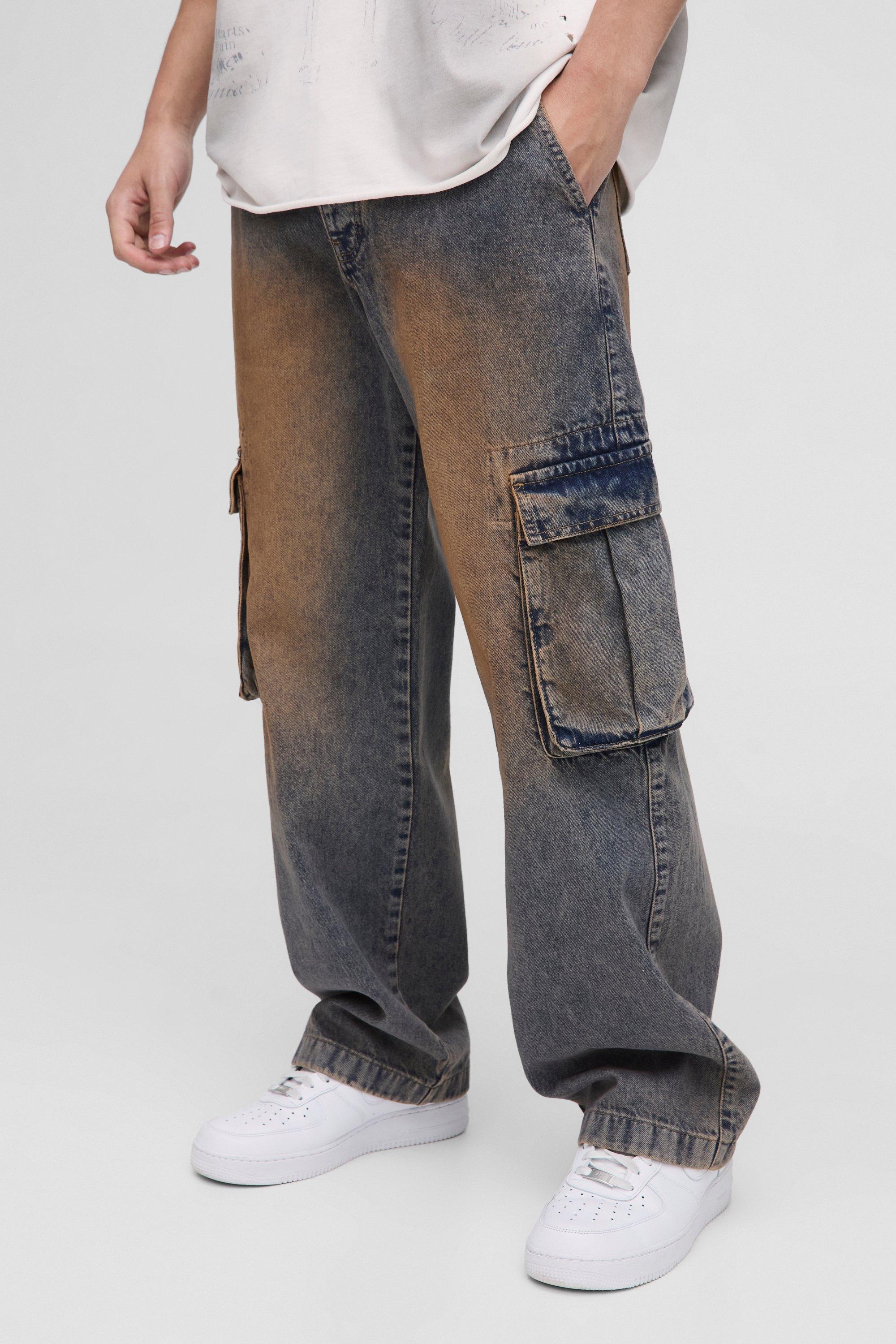 Relaxed Fit Vintage Washed Cargo Jeans | boohooMAN UK